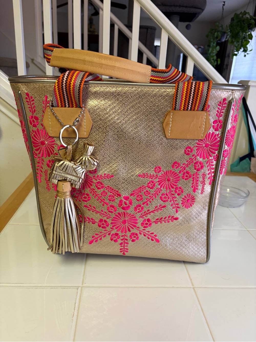 Consuela Gold Tote with Hot Pink Floral Embroidery and Multicolor Striped Straps